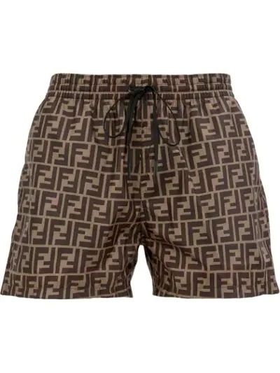 Fendi Ff-logo Drawstring Swim Shorts In Tobacco