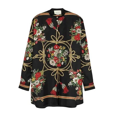 Gucci Intrigue Floral And Tassel Print Button-front Blouse In Black