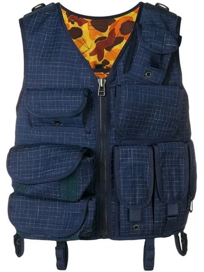 Junya Watanabe Grosgrain-trimmed Checked Wool Gilet In Blue