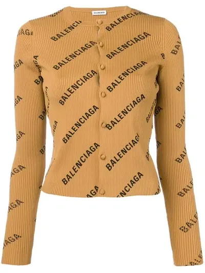 Balenciaga Diagonal Logo-print Ribbed Cardigan In Camel