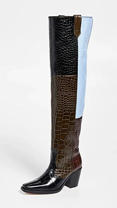 Ganni Color-block Croc-effect Leather Over-the-knee Boots In Black