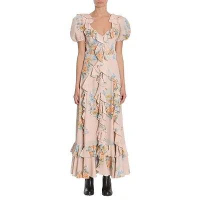 Alexander Mcqueen Floral Print Ruched Silk Dress In Pink