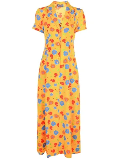 Lhd Sunny Floral And Brown Gingham Marlin Dress In Yellow