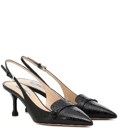 Prada Crocodile-effect Slingback Leather Pumps In Black