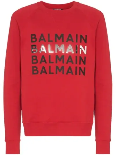 Balmain Repeat-logo Cotton Sweatshirt In Red