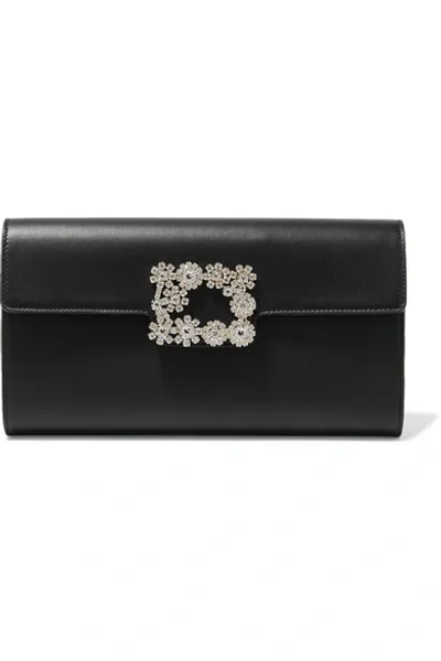 Roger Vivier Flower Crystal-embellished Satin Clutch In Black