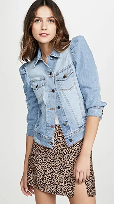 Retroféte Ada Puff-sleeve Distressed Denim Jacket In Light Blue Stone