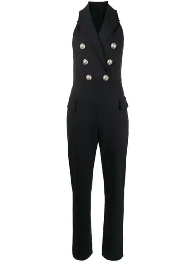 Balmain Button-embellished Stretch-knit Jumpsuit In Black