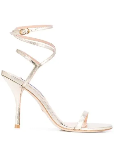 Stuart Weitzman Merinda Strappy Metallic Ankle-wrap Sandals In Platino