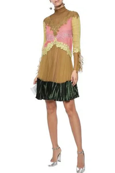 Valentino Lace-trimmed Velvet-paneled Plissé Silk-chiffon Mini Dress In Mustard