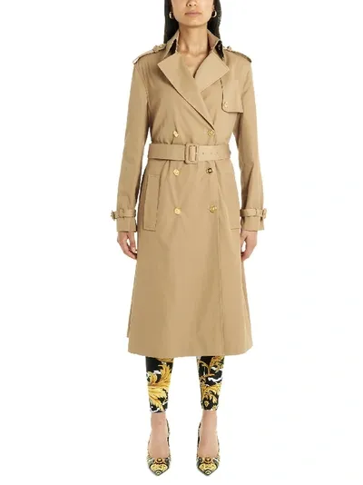 Versace Paneled Double-breasted Gabardine Trench Coat In Beige