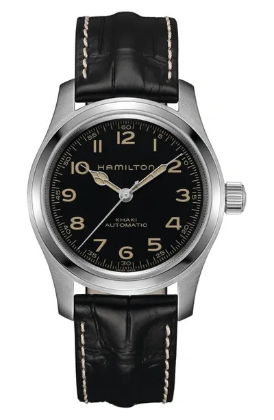 Hamilton Men's Swiss Automatic Khaki Field Murph Black Leather Strap Watch 42mm In Black / Khaki