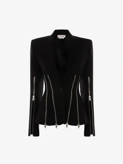 Alexander Mcqueen Zip-detailed Wool-blend Crepe Blazer In Black