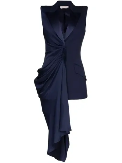 Alexander Mcqueen Asymmetric Draped Satin And Grain De Poudre Wool-blend Vest In Blue - Sapphire