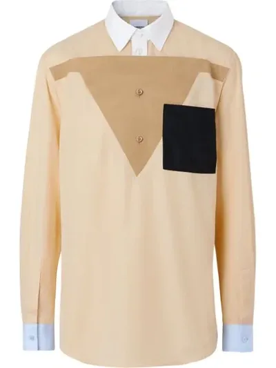 Burberry Classic Fit Pocket Detail Colour Block Cotton Shirt In Buttermilk