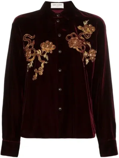 Saint Laurent Saint Lauren Embroidered Chinoiserie Velvet Shirt In Bordeaux