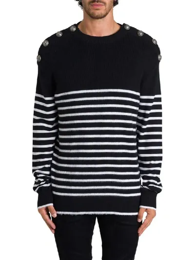 Balmain Virgin Wool Knit Sailor Sweater In Nero/bianco