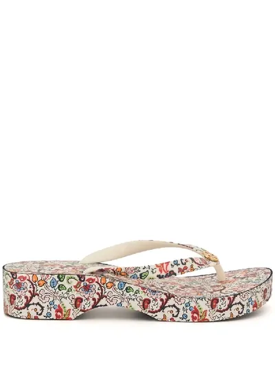 Tory Burch Printed Carved-wedge Flip-flops In White