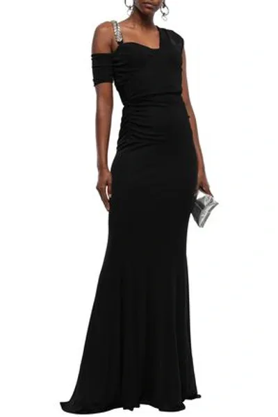 Roberto Cavalli Cold-shoulder Embellished Stretch-jersey Gown In Black