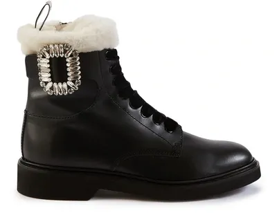 Roger Vivier Ranger Shearling-lined Crystal-embellished Leather Ankle Boots In Black