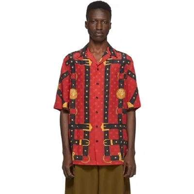 Versace Bondage Print Silk Bowling Shirt In Red