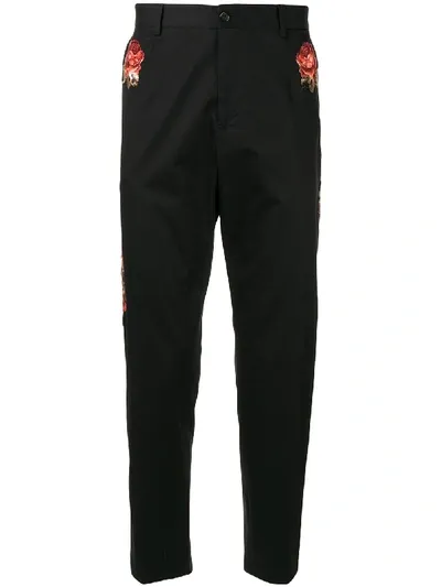 Dolce & Gabbana Floral Embroidered Trousers In Black