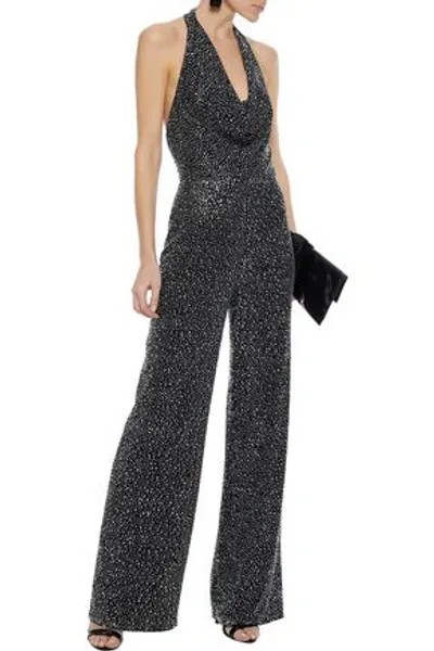 Alice And Olivia Salem Crystal-embellished Crepe Halterneck Jumpsuit In Black