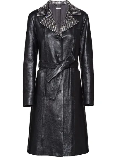 Miu Miu Studded Lapel Leather Coat In Black