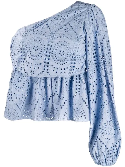 Ganni One-shoulder Broderie Anglaise Blouse In Blue