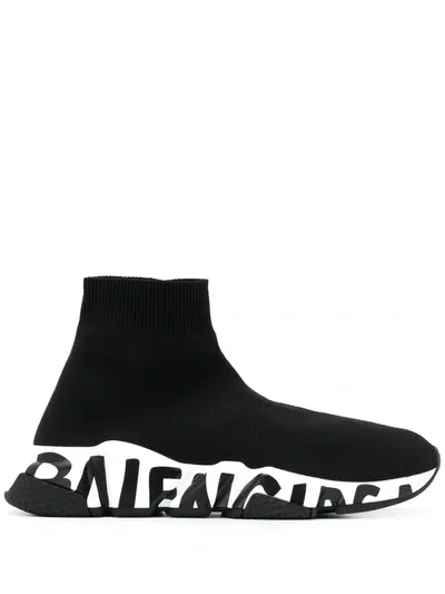 Balenciaga Speed Logo-print Stretch-knit High-top Sneakers In Black White 1