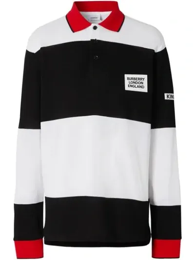 Burberry Long-sleeve Logo Applique Striped Cotton Polo Shirt In Black/white