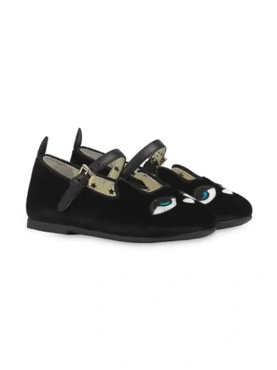 Gucci Kids' Toddler Velvet Ballet Flat With Cat Motif In Black