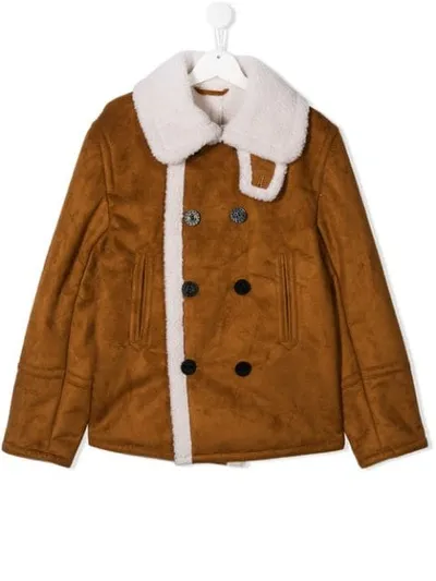 Dsquared2 Kids' Double Breasted Shearling Jacket In Cookie