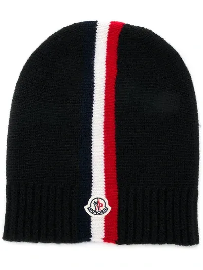 Moncler Kids' Striped Panel Logo Beanie In Black