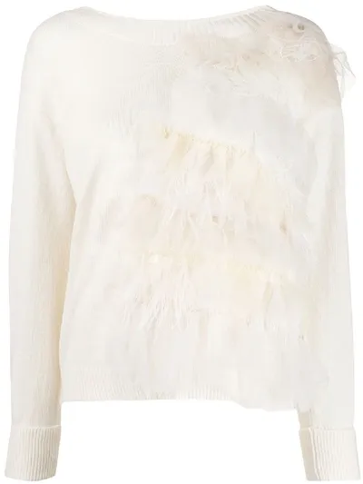 Twinset Long Sleeve Ruffled Trim Jumper In White