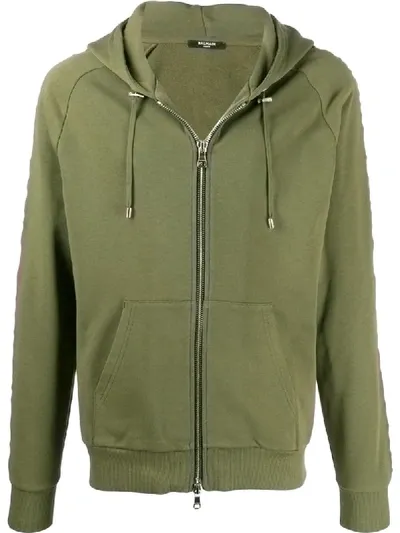 Balmain Embossed Logo Zip-up Hoodie In Green