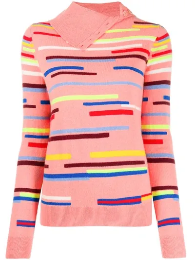 Chinti & Parker Striped Button-neck Jumper In Pink