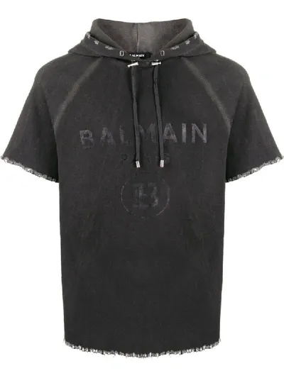 Balmain Logo Print Hooded Top In Black