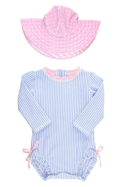 Rufflebutts Babies'  Seersucker One-piece Rashguard Swimsuit & Hat Set In Periwinkle Seersucker