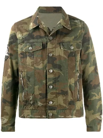 Balmain Distressed Camouflage Denim Jacket In Green