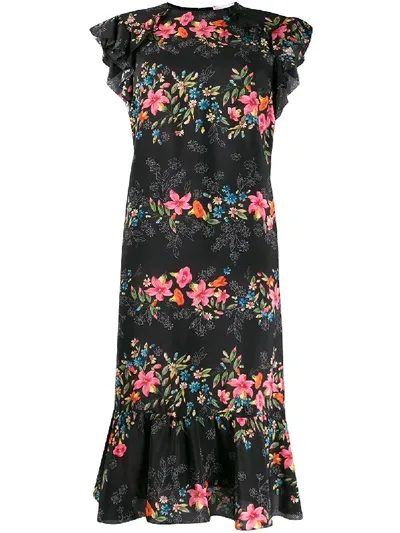 Red Valentino Floral Midi Dress In Black