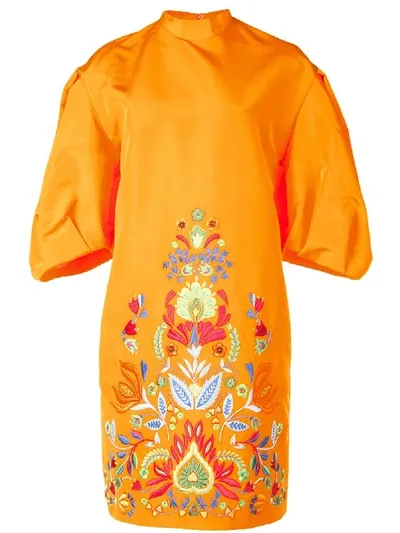 Carolina Herrera Floral-embroidered Dress In Orange