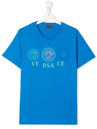 Young Versace Teen Cotton Logo T-shirt In Blue