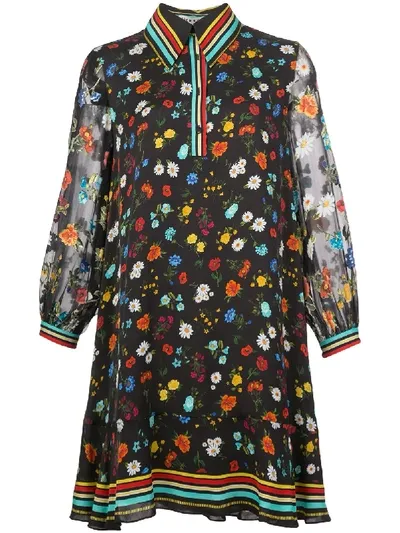 Alice And Olivia Lalita Floral-print Crepe De Chine And Flocked Silk-blend Chiffon Mini Dress In Black