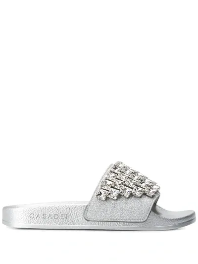 Casadei Embellished Glitter Sliders In Silver