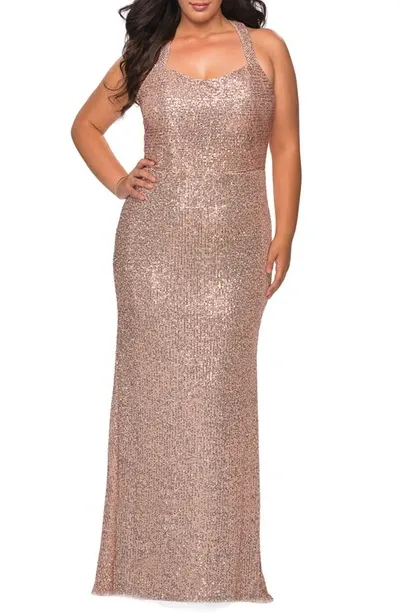 La Femme Sequin Trumpet Gown In Rose Gold