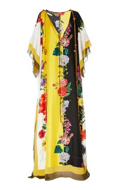 Oscar De La Renta Tie-detailed Floral-print Silk-satin Gown In Ivory