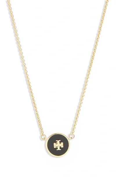 Tory Burch Kira Enameled Pendant Necklace In Tory Gold Black