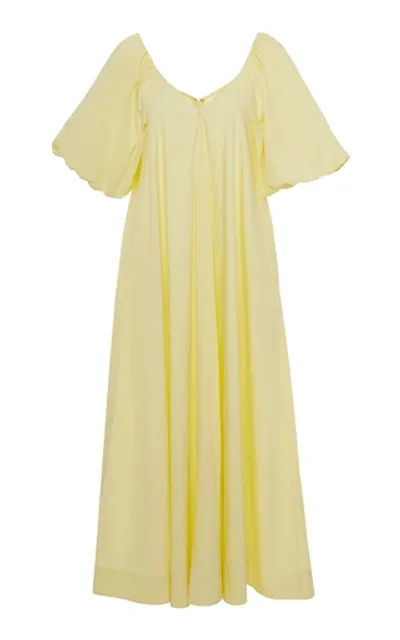 Co V-neck Puff-sleeve A-line Midi Dress In Pastel Yellow