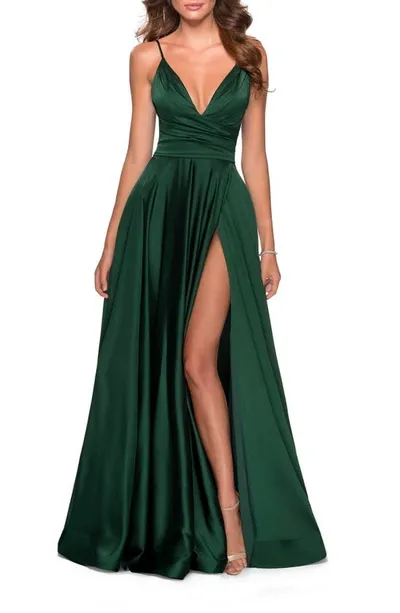 La Femme Strappy Back Satin Ballgown In Emerald